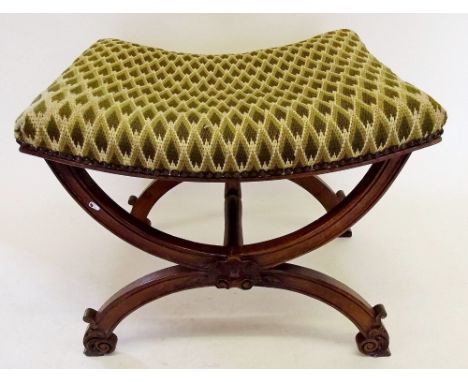 A Victorian 'X' frame stool carved shell and scroll decoration 