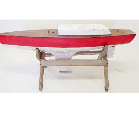 A large size pond yacht with engine and stand, approx. 125cm