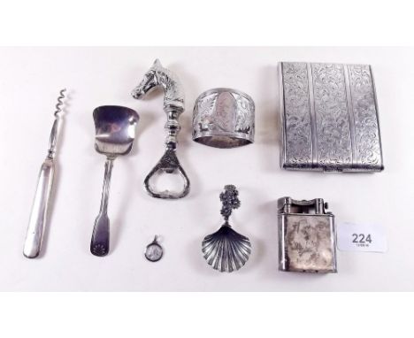 Various silver to include: silver handled corkscrew, napkin ring with thistles - Birmingham 1913, Victorian caddy spoon etc.