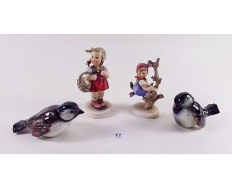 Two Hummel figures of girls and a pair of Hummel birds 
