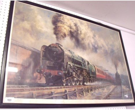 A print of a steam train by Alan Fearnley, signed in pencil by artists and drivers, 54 x78cm