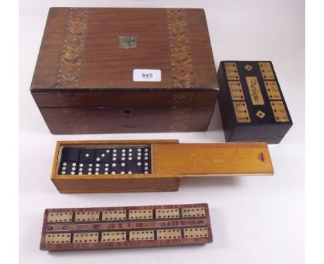 An inlaid Besique board/box, cribbage boar, dominoes set and Victorian Tunbridgeware box