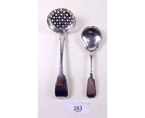 A silver sifter spoon London 1821 and a Victorian silver caddy spoon Exeter 1874 by Josiah Williams & Co