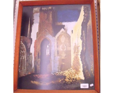 John Piper - coloured print of a church, 45 x 37cm