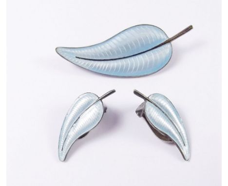 A Danish silver and enamel leaf brooch and earring set  by Volmer Bahmer, monogrammed V B