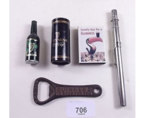 A group of Guinness advertising collectables to include: thermometer, matches, bottle opener and lighter