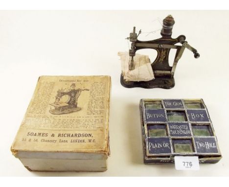 A Somes & Richardson child's sewing machine and a  Gem button box 