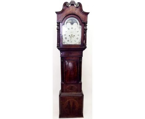 A Victorian mahogany longcase clock with rotating ship, moon and landscape dial painted to arch all over floral painted dial,