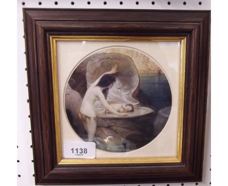 A coloured circular print of sea nymph and baby - 12cm diameter 