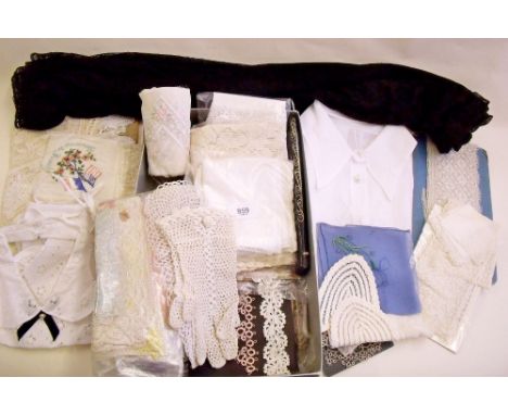 A black lace mantilla, various hand and machine lace, a blouse front etc.