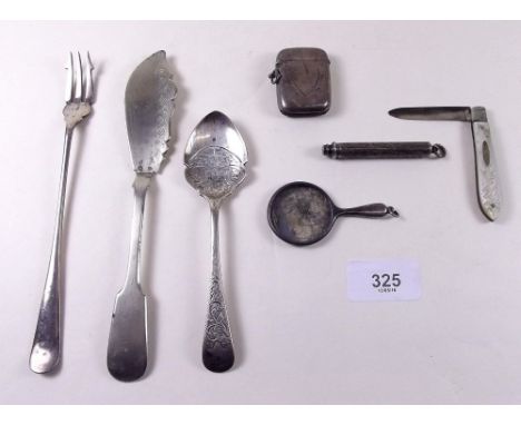 A group of silver items comprising vesta case, penknife, a jam spoon, pencil, pickle fork and a silver plated Georgian butter