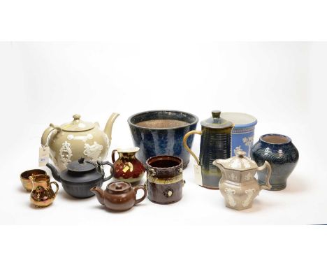 A selection of stoneware pottery and ceramic wares, including: Barge ware Derby Lane tea pot; blue sprigged Jasperware plante