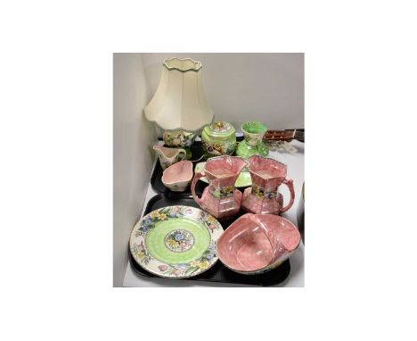 A collection of Maling ceramics, including: Maling floral decorated table lamp, 40cms high (including shade); pair of pink fl