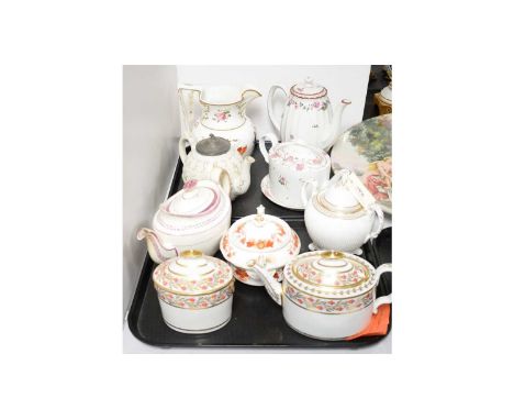 A selection of ceramic tea pots, sucriers and other tea wares, including: New Hall tea pot and saucer; Sunderland Lustreware 