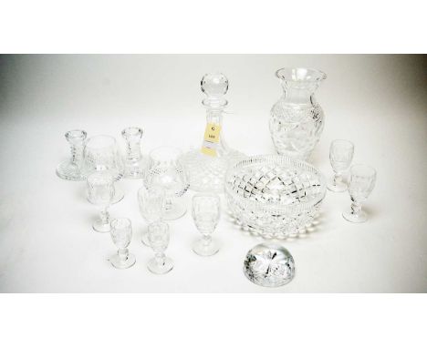 A collection of Waterford Crystal ware, including: pair of candlesticks; decanter with stopper; pair of brandy glasses; bowl;