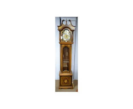 An ornate Continental inlaid 'Tempus Fugit' longcase clock, with Franz Hermle 451-053H three-train movement striking on eight