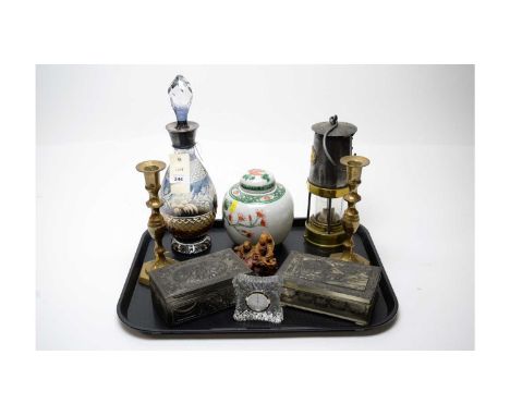 Assorted collectibles, including: silver collared cut glass decanter and stopper, 34cms high; Chinese ginger jar with cover; 