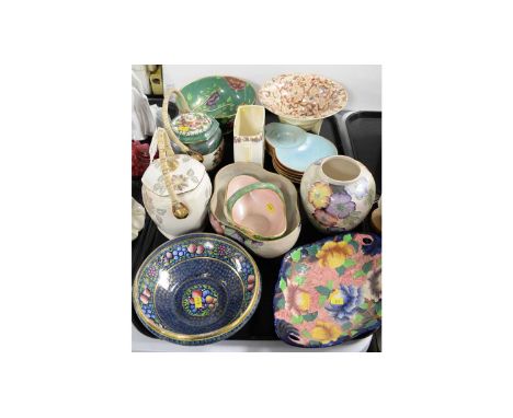 A collection of Maling decorative ceramic wares, including: ‘Azalea’ pattern biscuit barrel with bamboo handle and cover; ‘Br