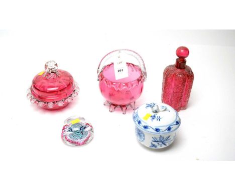 A selection of decorative ceramics and glass wares, including: Meissen blue and white jar with cover; millefiori style glass 
