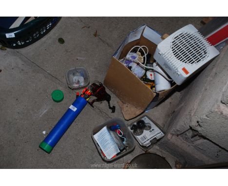 A box of fishing equipment, floats, hand tools, heater etc
