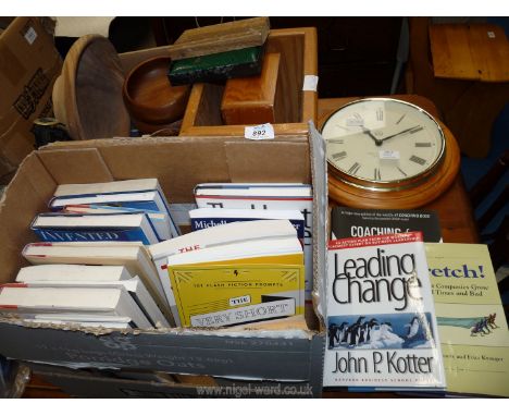 A quantity of books, treen bowls, pine framed wall clock, martingale etc.
