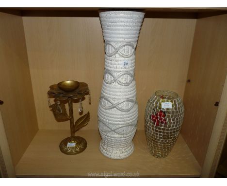 A large modern ceramic floor vase, glass vase and metal night light stand.