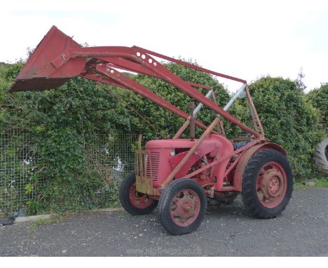 A David Brown Cropmaster petrol/T.V.O. tractor fitted with a fore-end loader, a very straight two-seat tractor, starting, run