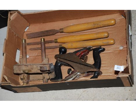 Old tools including turning chisels, planes etc.