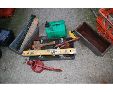 A fuel can, watering can, garden hand fork etc., saws, brush, planters etc.