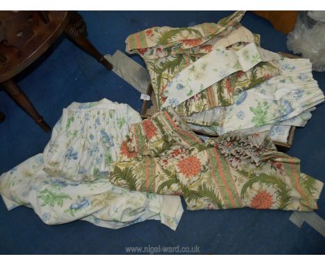 A box of curtains; white with blue flowers 88" W x 43" D, green floral 68" W x 44" D and one single 88" W x 43" D.