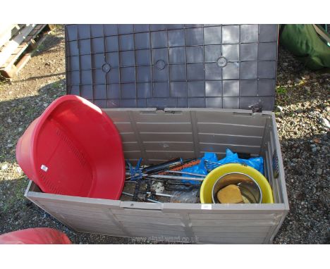 Plastic outside storage box, pet bed, rod rests, tools etc.