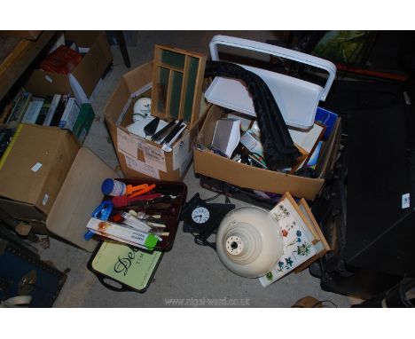 Two boxes of miscellanea including trays, pictures, china, cutlery, light shade etc.