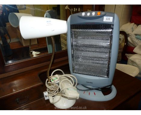 A Warmlite heater, angle poise lamp and extension lead.