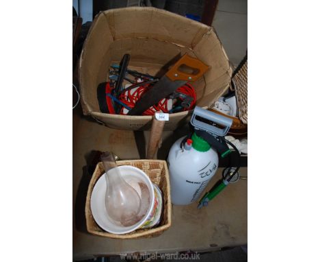 Tools, hammer, garden sprayer, extension leads, oil lamp font etc.