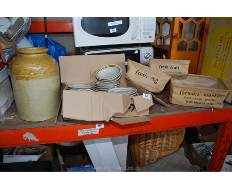 Quantity of saucers and soup bowls, Hessian baskets and salt glazed jar.