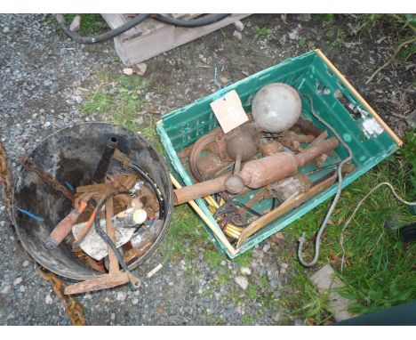 A box containing a gear-lever, timber wedges, tractor work lamp, exhaust silencer, fuel filter etc., plus a box of oddments i