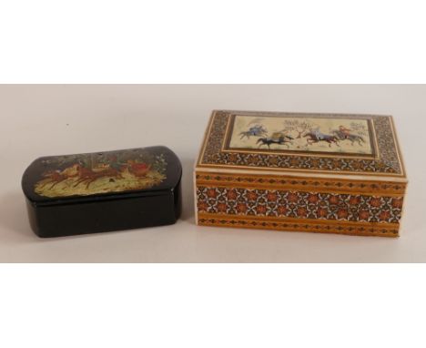 Russian large papier mache snuff box 10cm wide, together with Indian hand decorated cigar / cigarette box 12.5cm wide (2) 