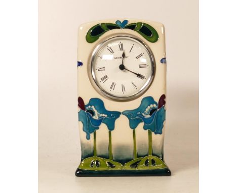 Moorcroft Blue Heaven mantle clock. Dated 2009, height 16cm. Boxed 