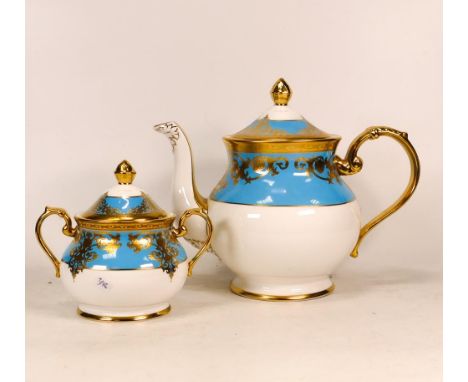 De Lamerie Fine Bone China heavily gilded Turquoise Teapot Pot &amp; non matching Sugar Bowl, specially made high end quality