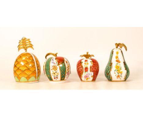 A collection of Royal Worcester fruit themed candle snuffers to include Strawberry, Pear, Apple &amp; Pineapple, tallest 11.5
