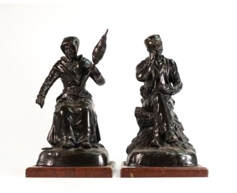 George Maxim, pair of bronze figures on marble bases, modelled as male snuff-taker on a pile of wheat and female weaver reach