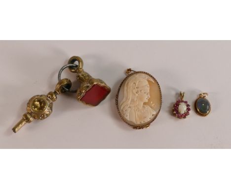 9ct gold framed Victorian cameo brooch 30mm high, 2 x 9ct gold hallmarked pendants - black opal together with an opal & ruby,