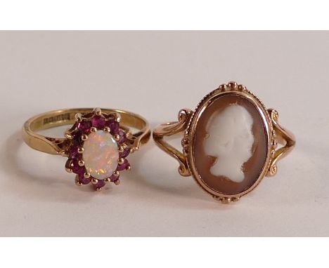 Two 9ct gold hallmarked rings - Opal &amp; ruby size M, plus cameo set ring size Q, combined gross weight 5.45g. 