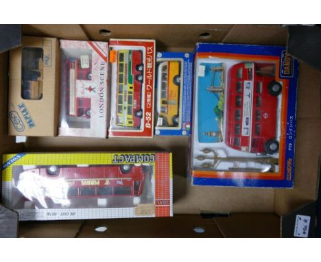 A collection of Vintage Boxed Model Toy Buses including Joal Volvo Coach, Tomica Dandy Routemaster, Japanese B-52 Double Deck