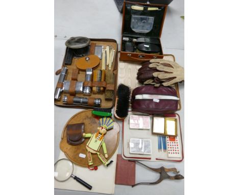 A mixed collection of Gentleman's vintage Grooming related items to include cased travel sets, brush sets, mirrors etc 