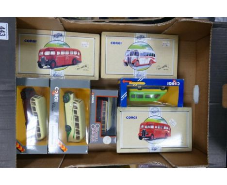 A collection of Boxed Corgi Model Buses including AEC Regal x 3, Corgi Classics Bedford Type OB Coach, Transit Bus etc 