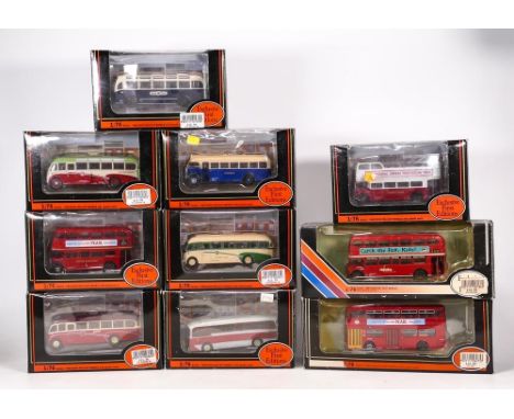 A collection of Exclusive First Edition 1:75 scale Model Buses including Macbraynes 18708, Southern National Royal Blue 12601