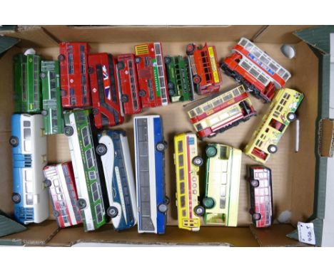 A collection of Vintage Model Toy buses including Corgi Trams , Coaches & Double Decker Buses, Yonezawa Safari Coach & Fuso B