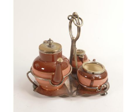 Carlton blush ware metal mounted tea for one service, with two tone pink block decoration, by Wiltshaw &amp; Robinson, c1900 