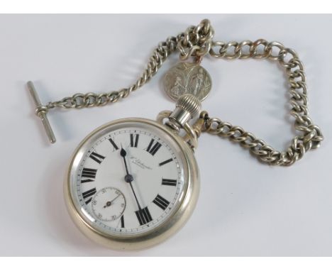 Large keyless nickel pocket watch W Ehrhardt London, with watch chain. 